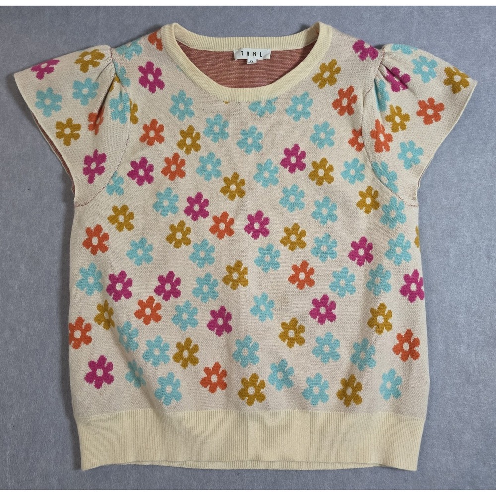 THML - Womens Sz XL Ivory Colorful Floral Short/cap Sleeve Sweater